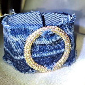 STRETCHY Denim Bracelet with Rhinestone Circle AND VELCRO CLOSURE